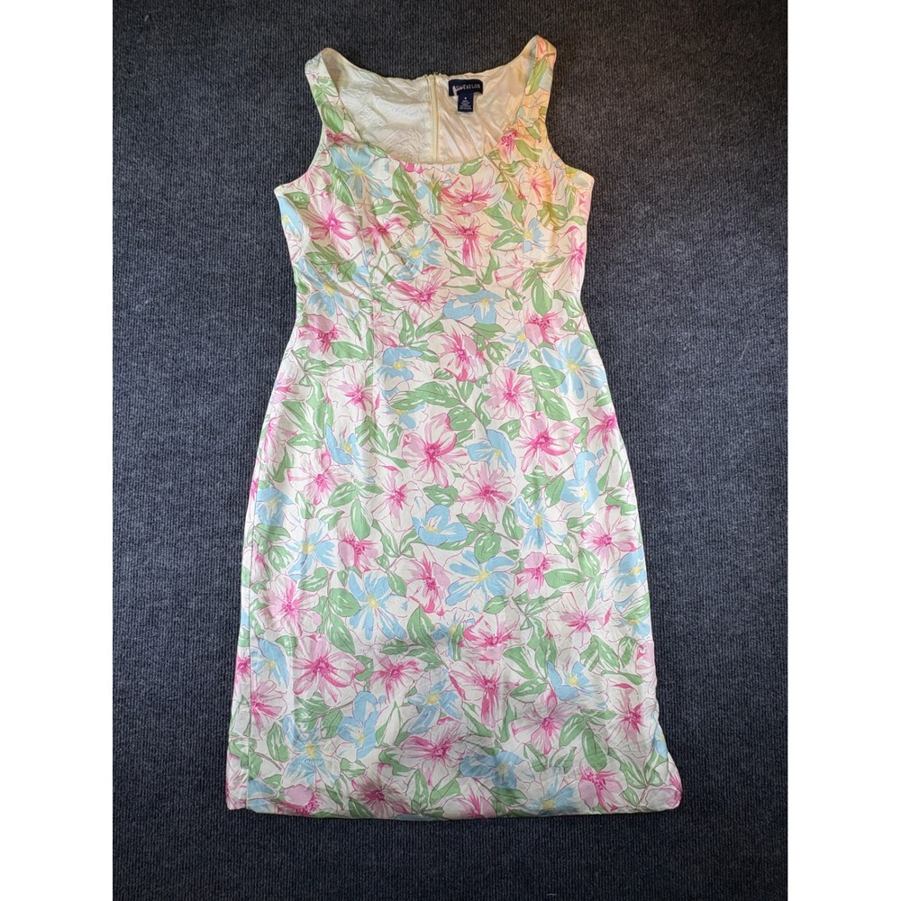 Ann Taylor Women 8 Pink Blue Green Floral 100% Silk‎ Sleeveless Sheath Dress